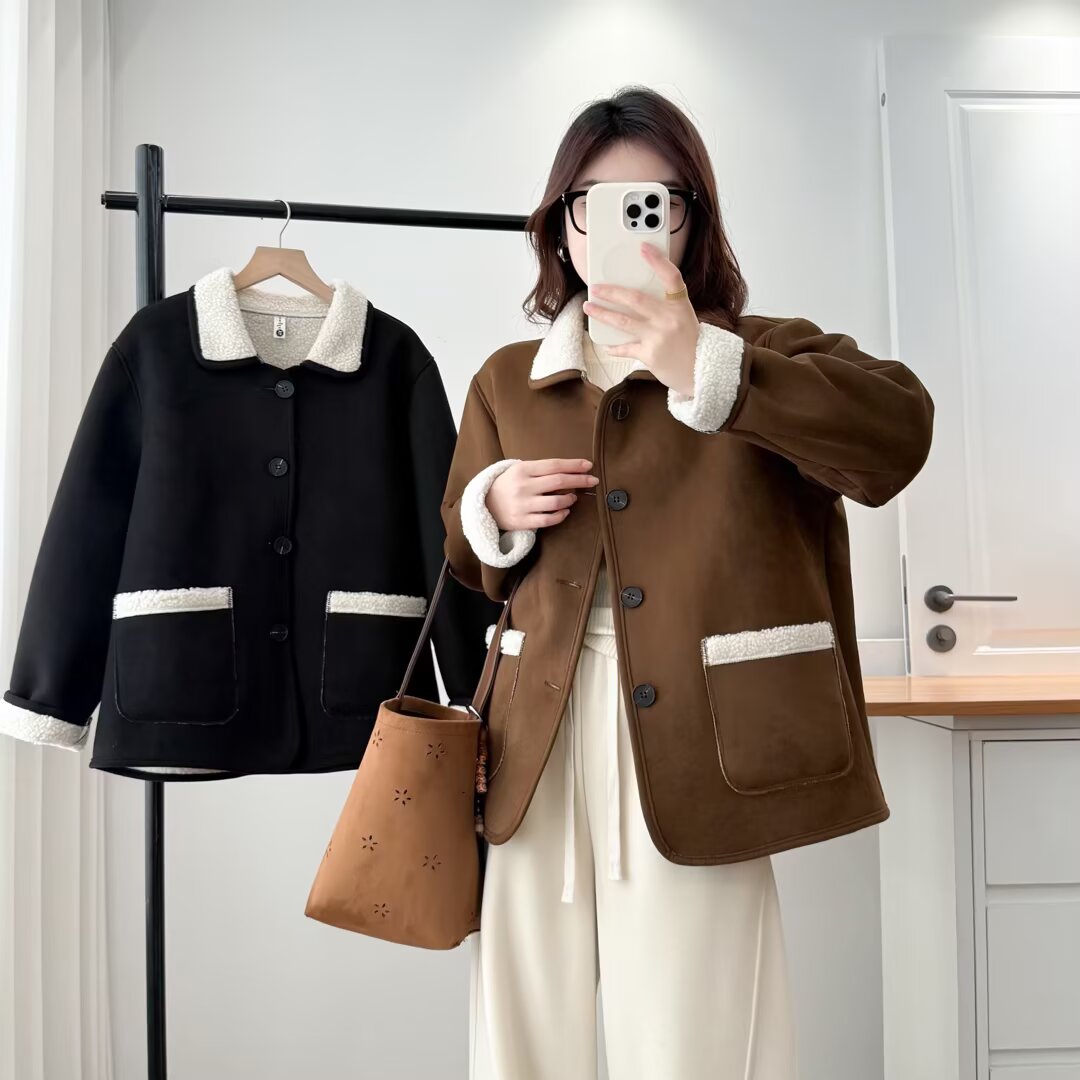 韩系时尚保暖羊羔毛麂皮绒外套