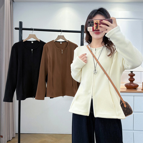 大码女装遮肚子秋冬加绒加厚卫衣女双拉链收腰显瘦百搭外套692