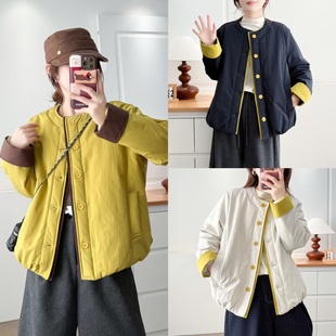 口撞色拼接棉袄冬季 遮肚子复古休闲风袖 百搭加厚保暖棉服 女装 大码