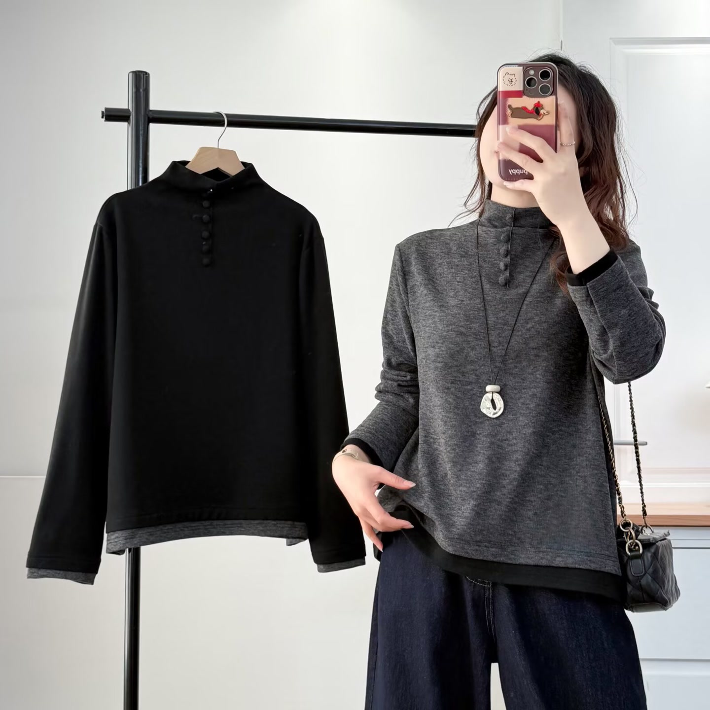 大码女装遮肚子拼色假两件T恤女冬季半高领显瘦加绒打底衫2556