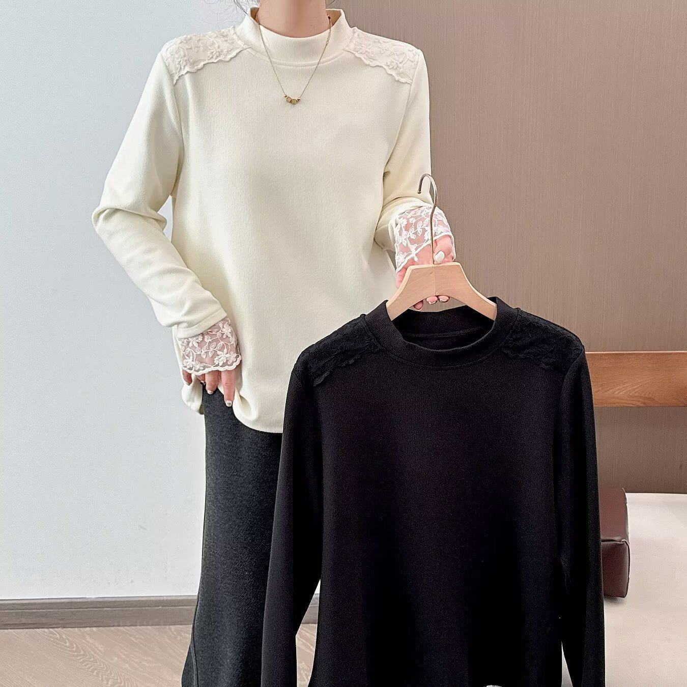 大码女装遮肚子长袖t恤宽松拼蕾丝打底衫简约百搭半高领上衣6668,女装/女士精品,大码内搭,淘宝优惠券,粉丝福利购,淘宝优惠卷