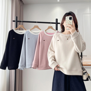 大码 遮肚子秋冬韩系撞色加绒休闲卫衣百搭休闲拼接领上衣8253 女装