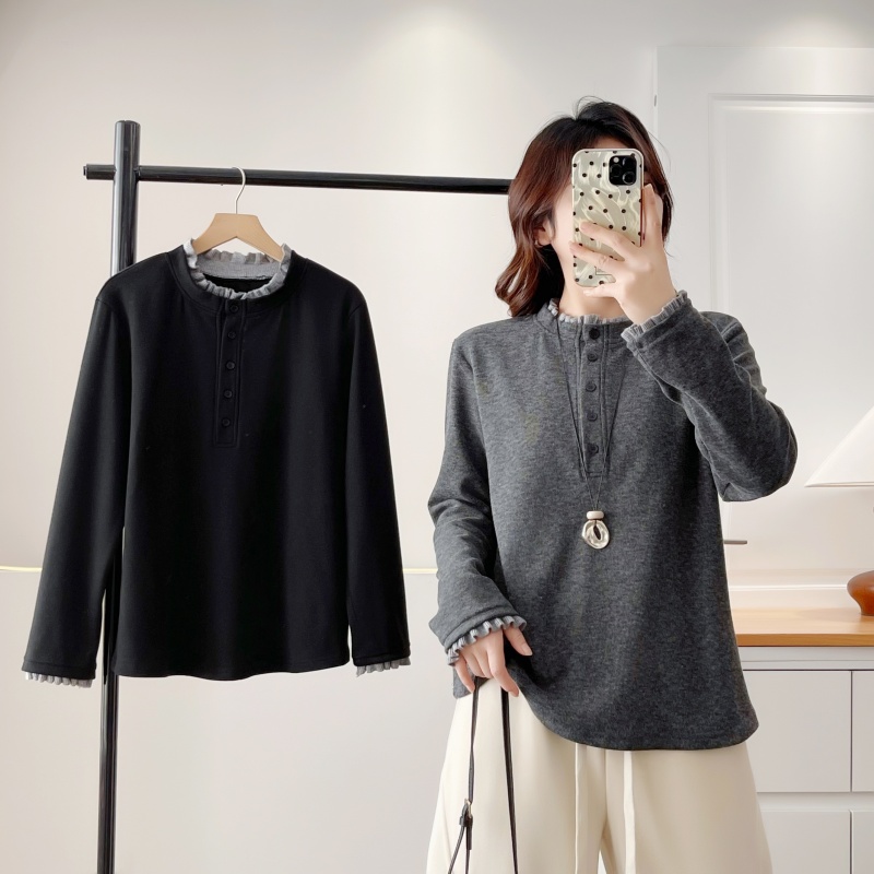 宽松休闲长袖T恤花边保暖打底衫