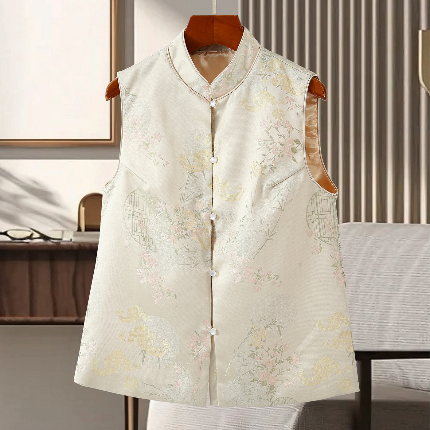 中国风女装提花织锦缎马甲女新款复古改良新中式改良盘扣上衣