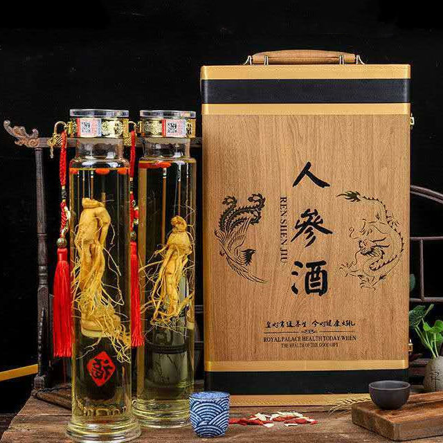 52度纯粮白酒人参酒皮制礼盒 1000ml大瓶养生酒一盒2瓶装送礼推荐