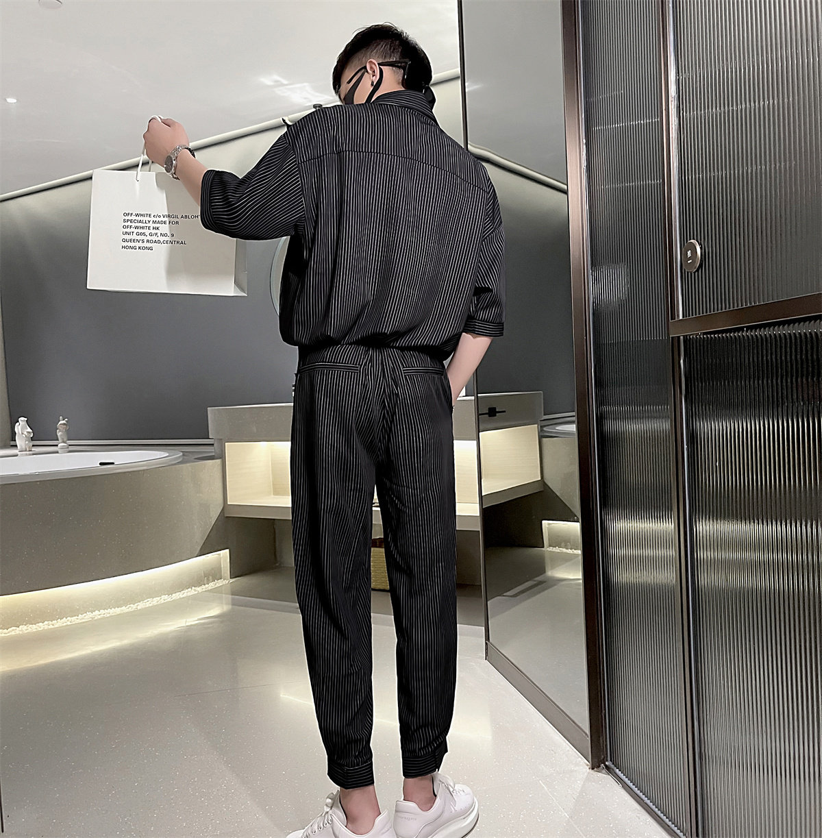 夏季轻熟风条纹短袖半袖衬衫男+休闲裤套装A328-21308--P115控155,男装休闲套装,星座406