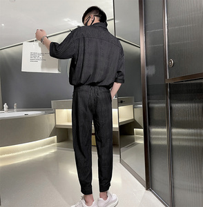 夏季轻熟风条纹短袖半袖衬衫男+休闲裤套装A328-21308-P115控155图片