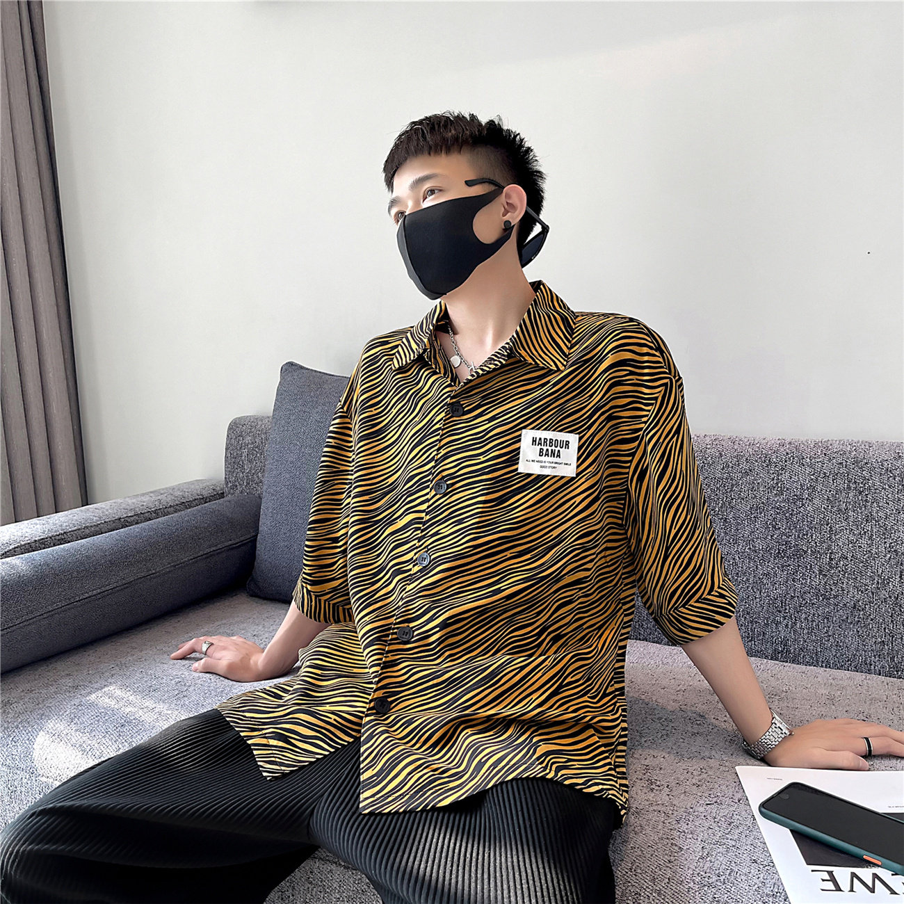 夏季新款带标印染花衬衫男长袖衬衣豹纹宽松A328-21302-P50控70,男装衬衫,星座406
