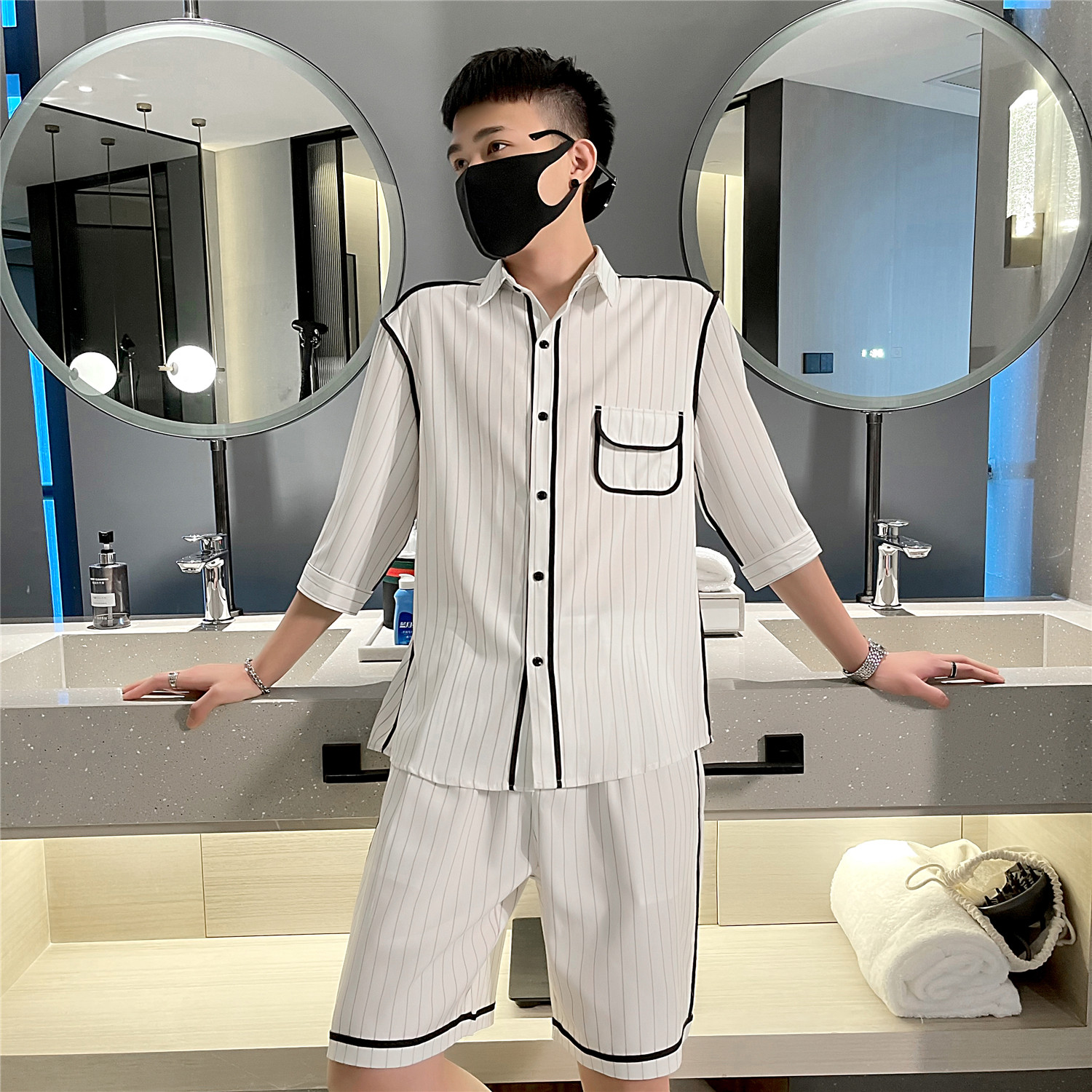 韩版休闲夏季新款条纹中袖衬衫+短款套装男A328-21310-p105控145,男装休闲套装,星座406