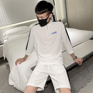 EGM半袖拉链T恤+短裤时尚套装休闲套装男A328-2072-P95控135图片