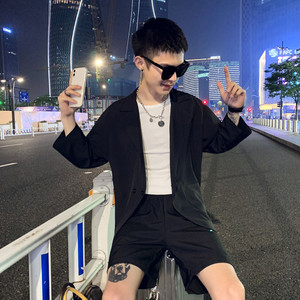 大码宽版小西服套装社会小伙短裤短袖两件套A328-2075-P85控115,爵士穿搭夏季图片