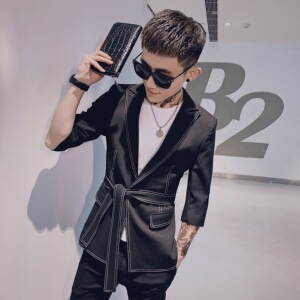 中袖西装织带社会小伙短袖西服西裤套装 A328-2050-P145图片