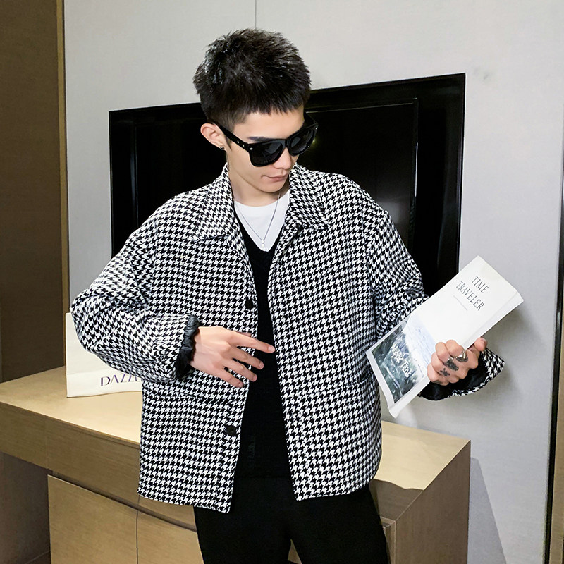 秋季新款社会小伙宽松黑白小格子外套男夹克A328-21712-P95控135,男装夹克,星座406