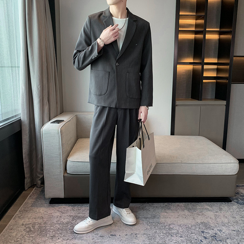 韩版气质秋季竖坑条纹西装套装男西服西裤a328-216103-P165控225,男装西服套装,星座406
