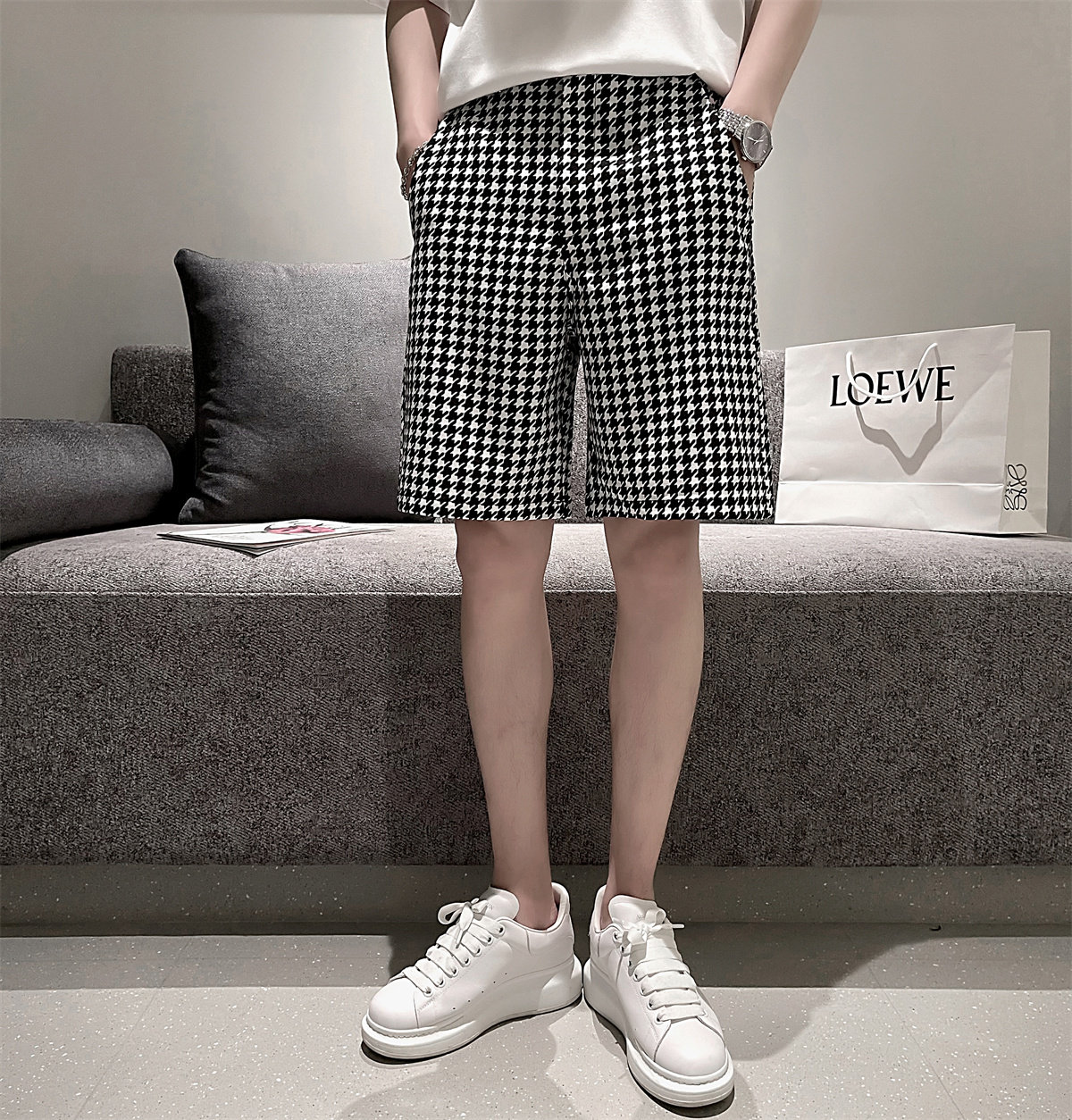 夏季宽松黑白格纹短裤男韩版轻熟百搭休闲裤A328-21099-P45控65图片