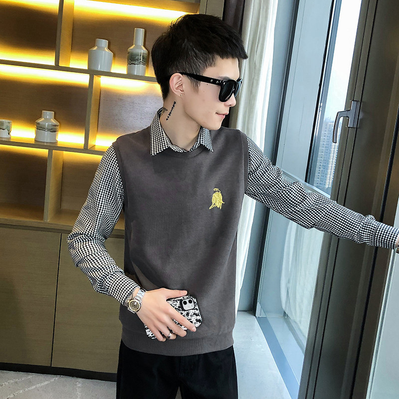 春秋季新款社会小伙拼接格子长袖卫衣外套 A328-21031-P65图片