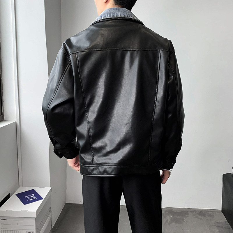 秋冬新款牛仔边假两件皮衣外套男宽松休闲A328-21772-P180控245,男装皮衣,星座406