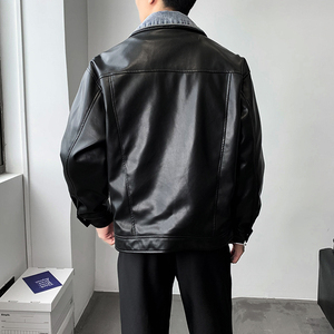 秋冬新款牛仔边假两件皮衣外套男宽松休闲A328-21772-P180控245图片