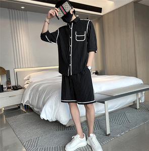 韩版休闲夏季新款条纹中袖衬衫+短款套装男A328-21310-p105控145图片