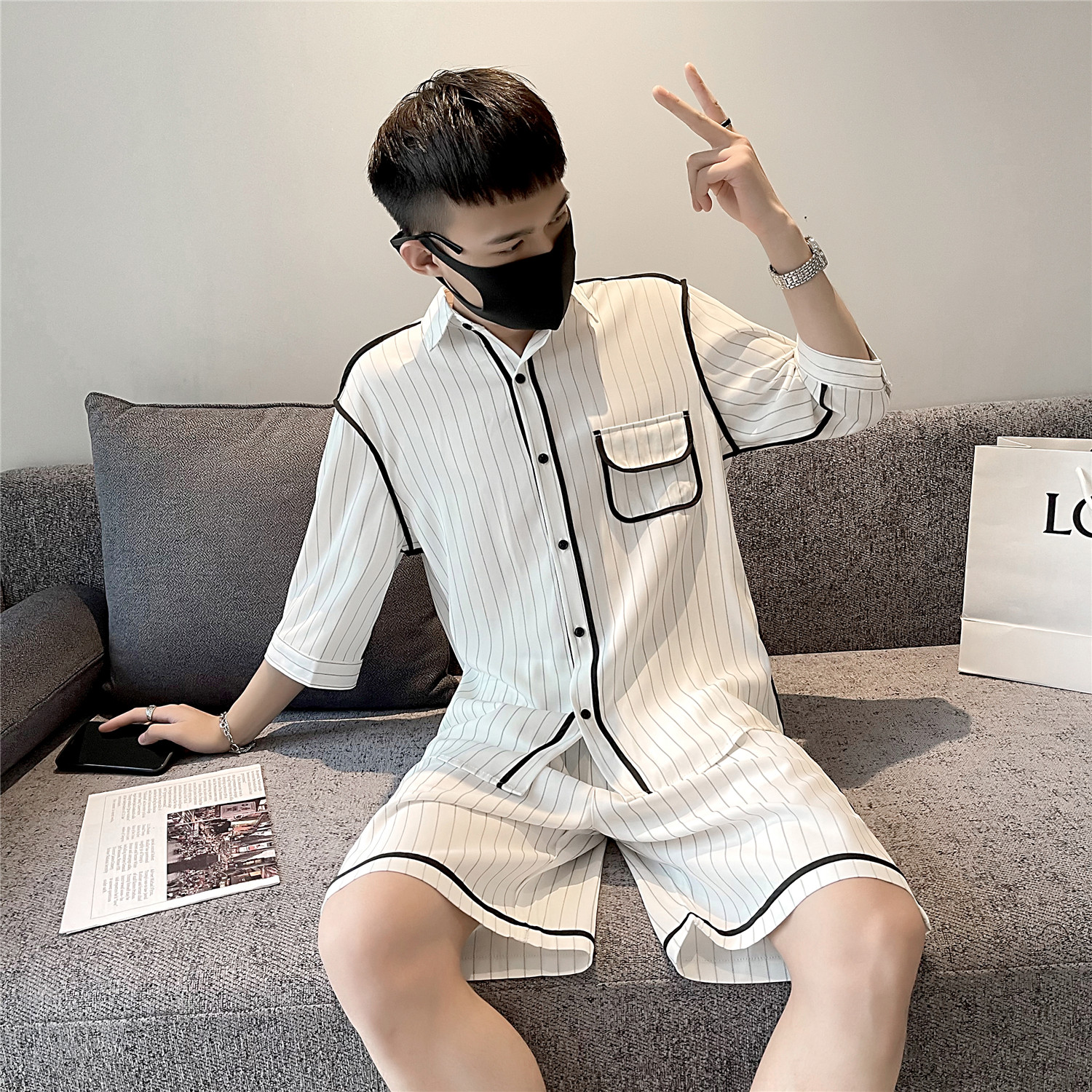 夏季新款条纹中袖衬衫+短款套装A328-21310-p105-控145,男装休闲套装,星座406