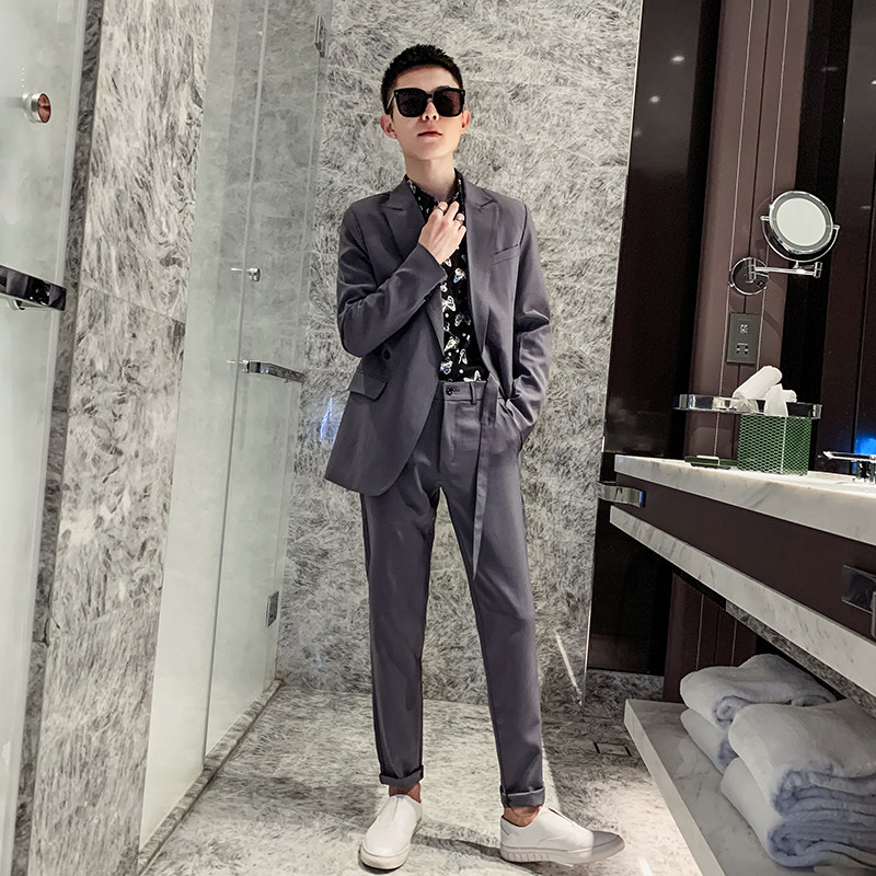 秋冬款纯色小西装半腰带双排扣社会小伙西服套装A328-20332-P165,男装西服套装,星座406