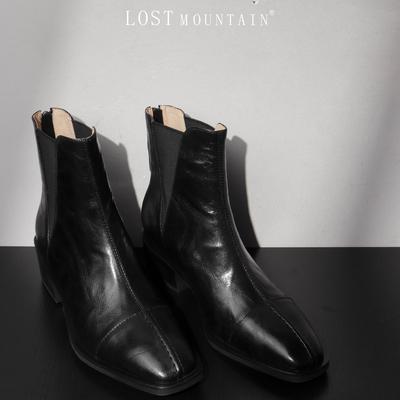 方头粗跟短靴切尔西大码烟筒靴