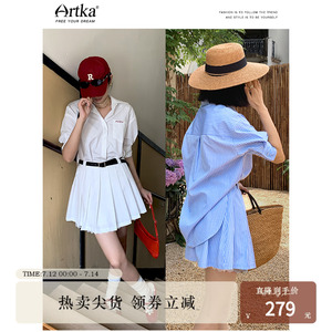 Artka阿卡夏季新蕾丝衬衫裙假2件短裙懒人穿刺绣百褶短袖连衣裙女