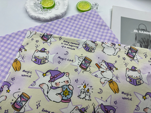 (版权花色)全棉8安帆布高密魔法师猫卡通外套桌布包包背带裤布料