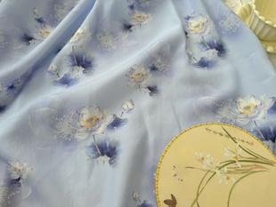 一米价40支100纯天丝紧密赛络纺新中式 布料 淡紫荷花旗袍挂脖夏季