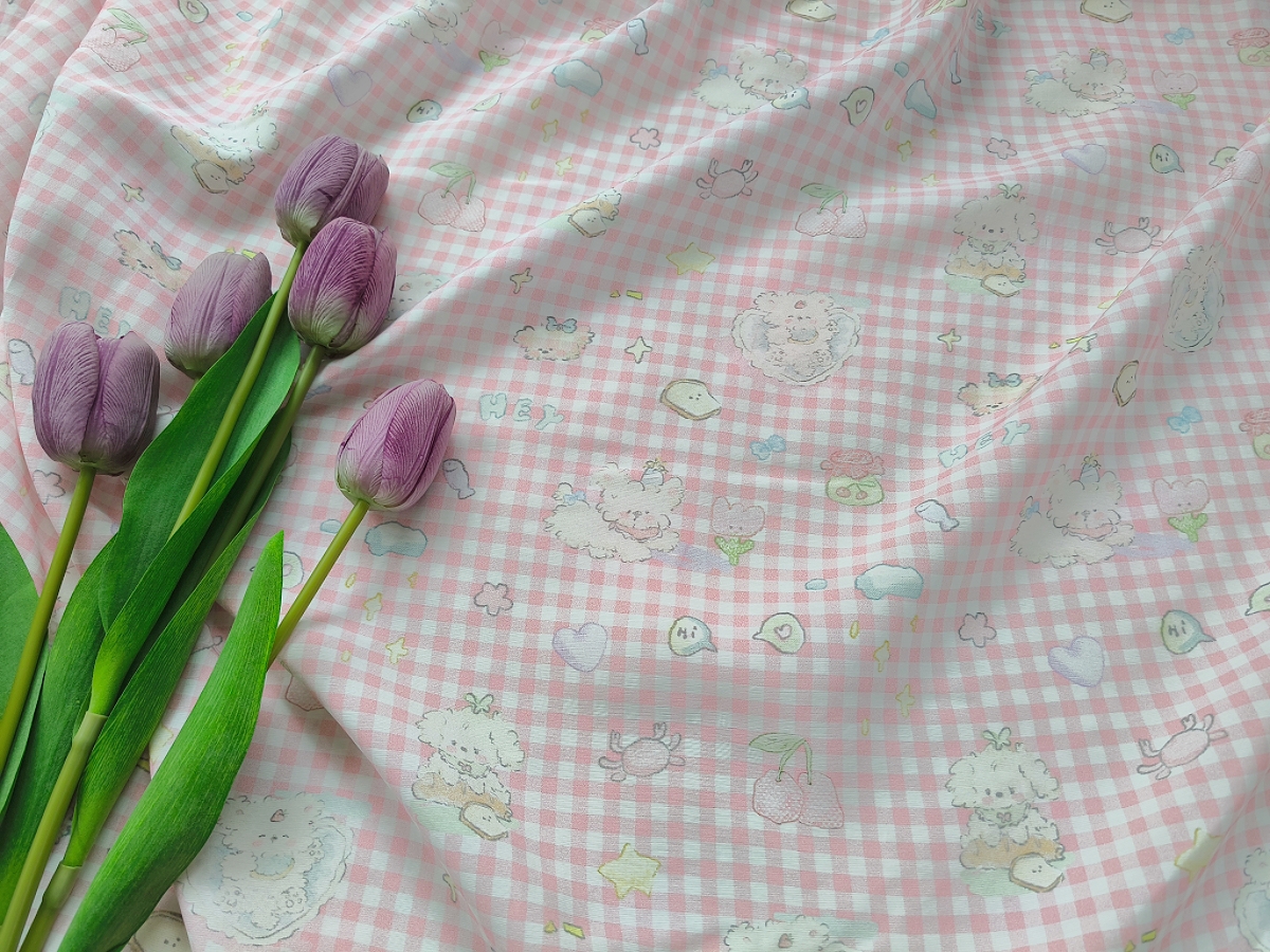 一米价直播福利新款高密锦棉粉色格子狗儿童洛丽塔裙衬衣外套布料