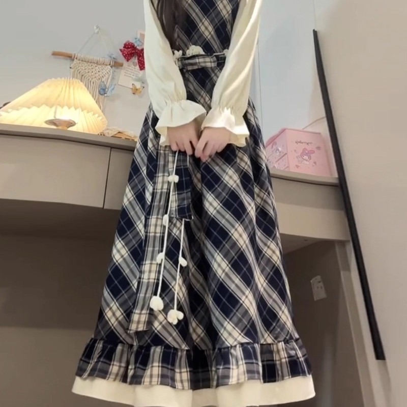 江晚秋法式假两件复古格纹绝美小连衣裙女装秋季学院风裙子小个子