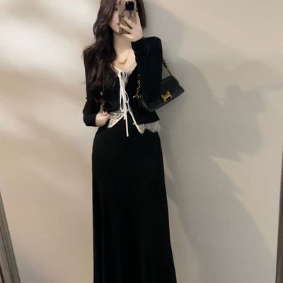 2025新款秋季法式黑色长袖连衣裙子女装今年流行爆款穿搭套装长裙