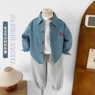 2026春季新款童装男童日韩系刺绣小马牛仔衬衫加绒加厚衬衣