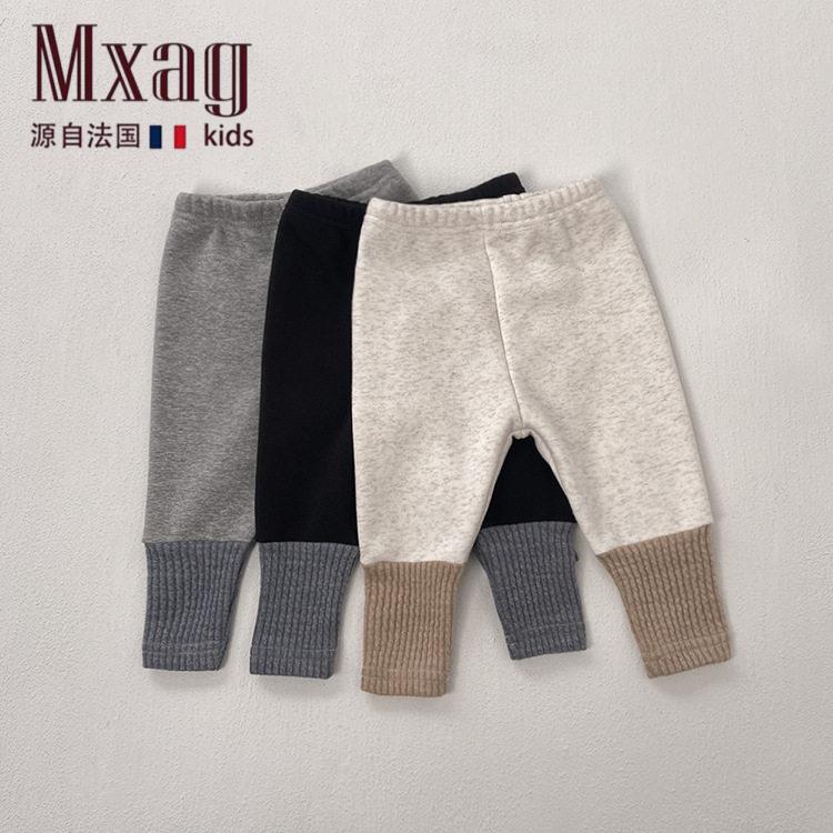 MXAG婴儿春款高腰裤子拼接秋冬季韩国ins童装男女宝宝薄绒打底裤