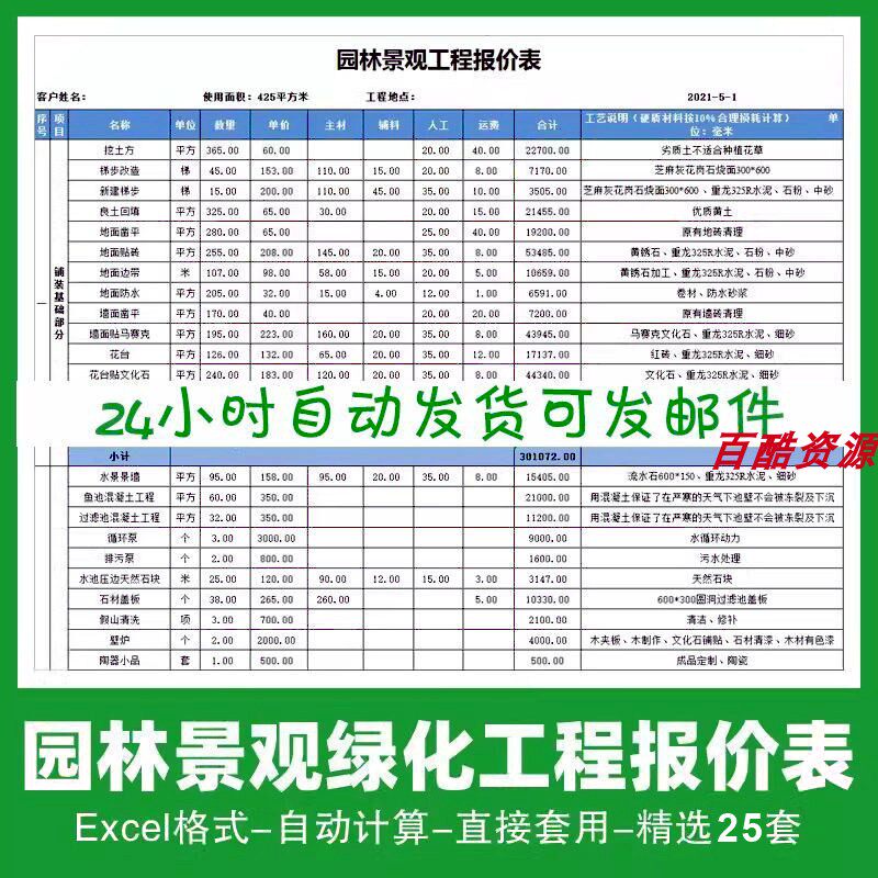 园林景观工程报价表模板绿化报价单预算表费用植物配置庭院清单