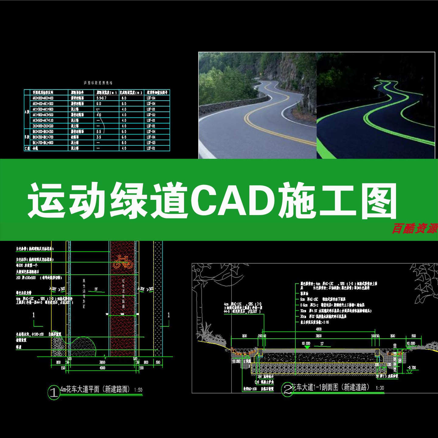 运动绿道CAD施工图纸步行道沥青跑道 景观道路标准段节点做法详图图片