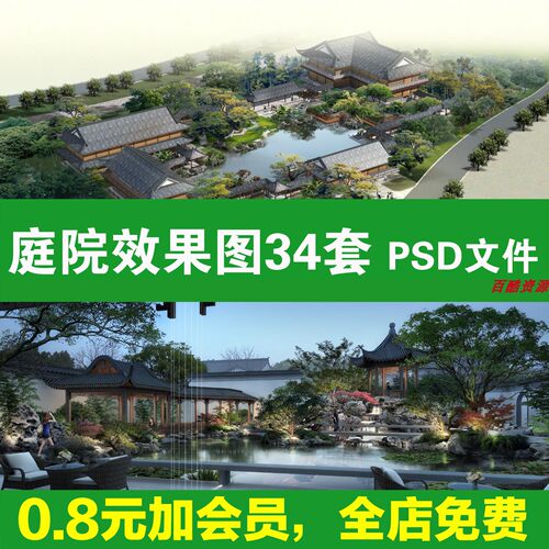 庭院景观效果图PS素材江南古典鸟瞰图新中式日式源文件PSD分层