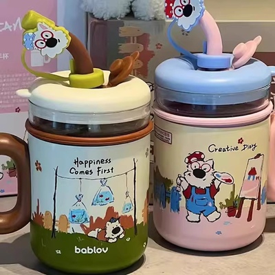 花伴森bablov保温杯不锈钢玻璃内胆女款双内胆吸管杯子茶隔带把手