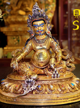 尼泊尔手工黄财神佛像紫铜全鎏金藏式居家供奉黄财神佛像摆件23cm