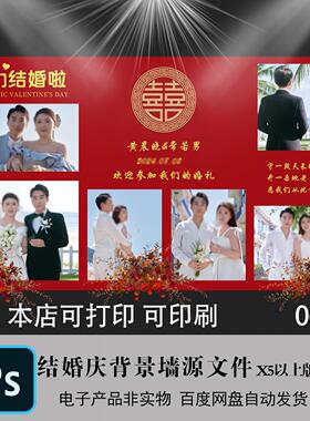 红色结婚庆照片背景墙高清素材模版PSD婚礼设计图迎宾留影大海报
