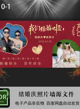 红色新中式结婚庆背景照片墙素材模版CDR设计婚礼留影迎宾大海报