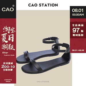 【CAO】真皮凉鞋女平底平跟露趾简约风一字型百搭时尚舒适罗马鞋