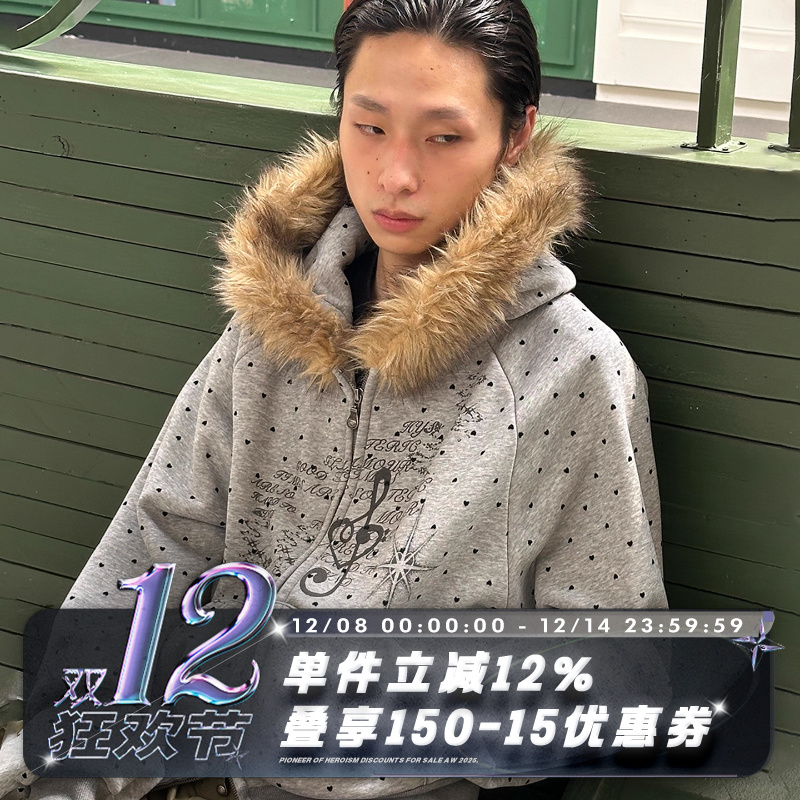 POH爱心波点猎装毛领连帽卫衣