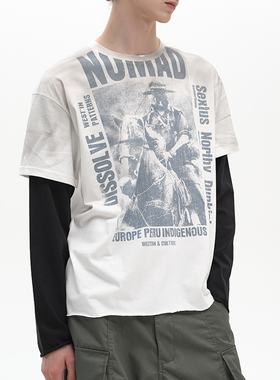 POH SHEPHERD SLEEVE 骑牧主题印花 喷染做旧卷边 190g假两件长袖