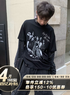 SADSOUP 德怀特底特律摇滚颓废195g假两件boxy条纹长袖T恤