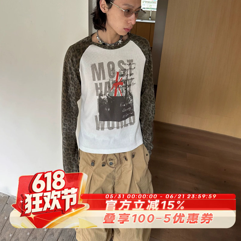 SADSOUP LONG SLEEVE 烧鹰旗 挑染插肩袖 豹纹色 华夫格长袖