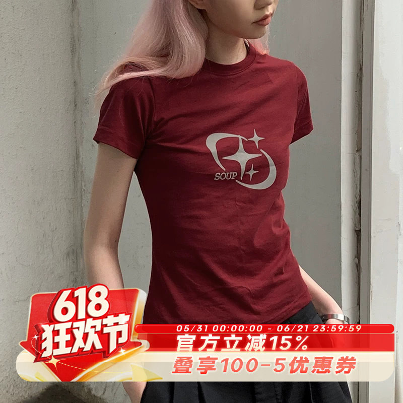 SADSOUP「Moon star」印花短袖T恤女款夏季古着五分袖国潮流半袖