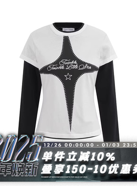 POH 24AW 手缝线地下丝绒乐队星星假两件内外穿搭修身长袖印花T恤