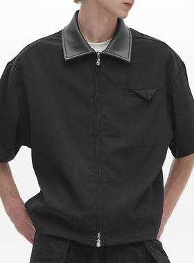SADSOUP SHIRT 拼接皮领 箱型版型 英式正装口袋 西装短袖衬衫