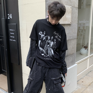 SADSOUP T恤 德怀特底特律摇滚颓废195g假两件boxy条纹长袖